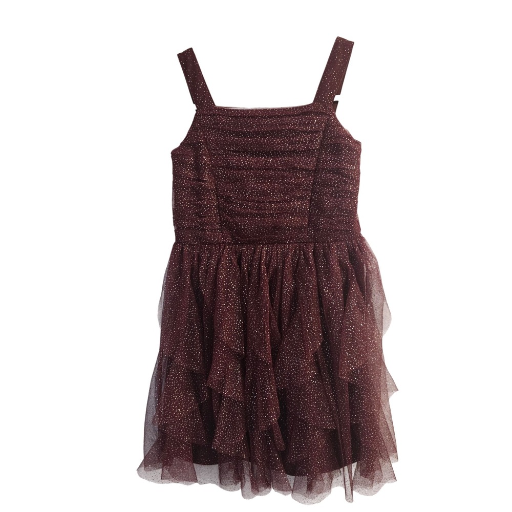 The Childrens Place Girls Burgundy Glitter Tulle Ruffle Party Dress Size 4 XS